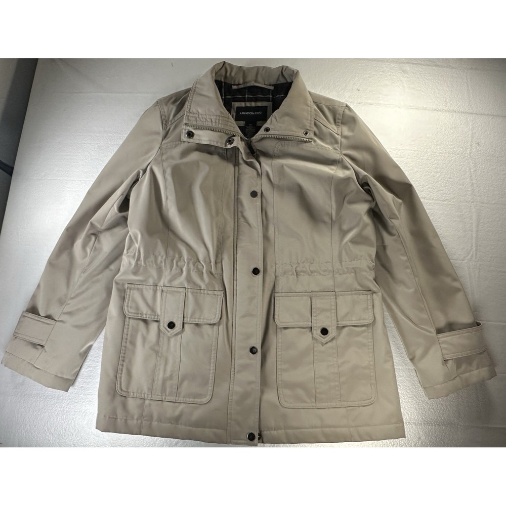 LONDON FOG Jacket Womens Medium Trench Coat Beige‎ Plaid Flannel Lined Full Zip